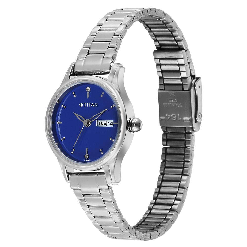 Titan Karishma Blue Dial Silver Stainless Steel Strap Analog with Day Date Watch for Women