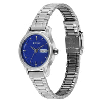 Titan Karishma Blue Dial Silver Stainless Steel Strap Analog with Day Date Watch for Women