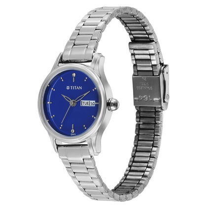Titan Karishma Blue Dial Silver Stainless Steel Strap Analog with Day Date Watch for Women