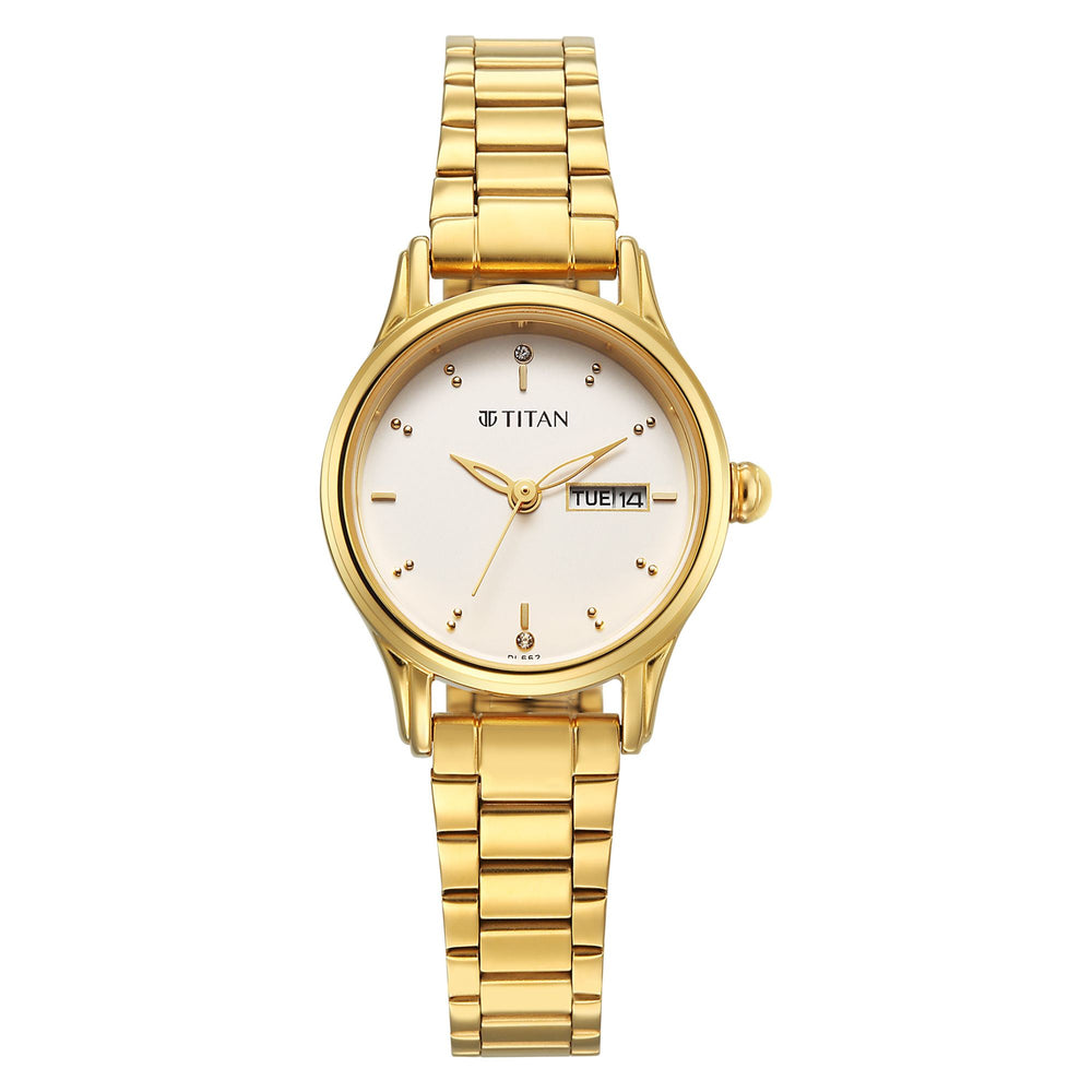 Titan Karishma Beige Dial Gold Stainless Steel Strap Analog Watch for Women
