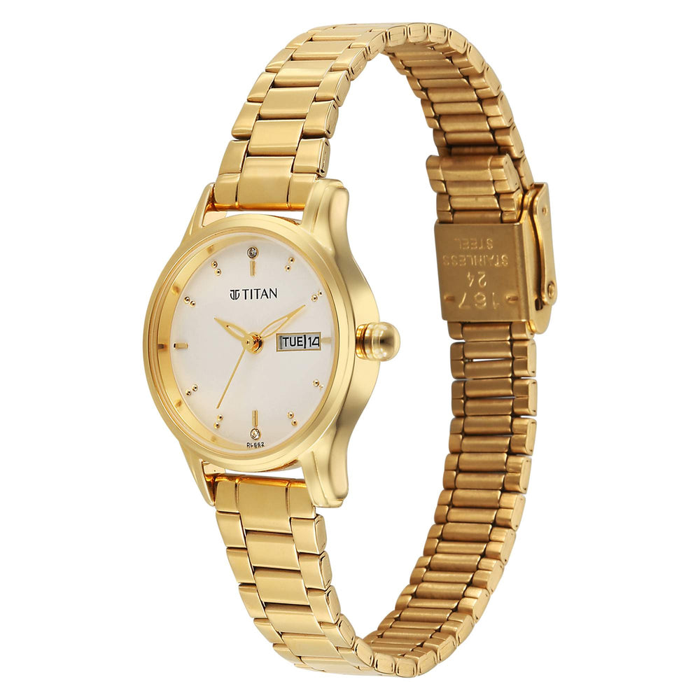 Titan Karishma Beige Dial Gold Stainless Steel Strap Analog Watch for Women