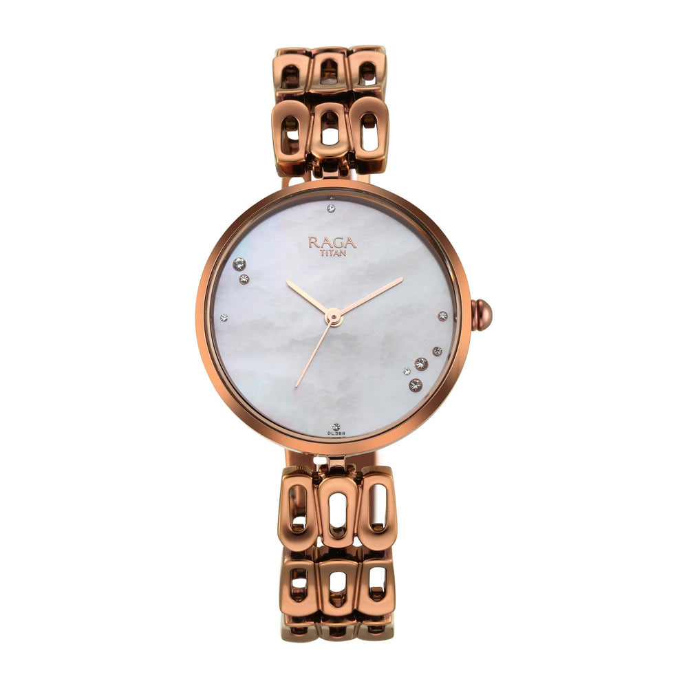 Titan Raga Mother of Pearl Dial Brown Metal Strap Analog Watch for Women