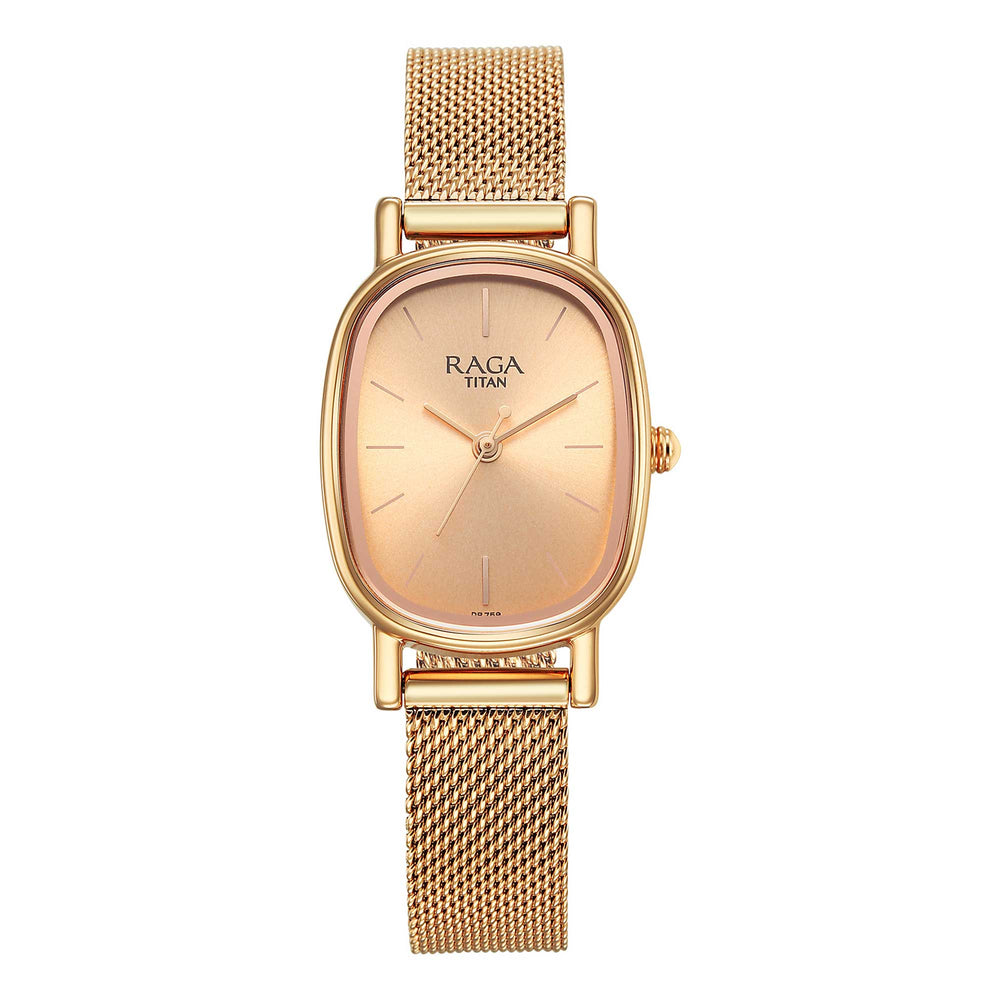 Titan Raga Champagne Rectangle Dial Metal Strap Analog Watch for Women