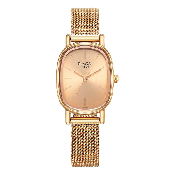 Titan Raga Champagne Rectangle Dial Metal Strap Analog Watch for Women