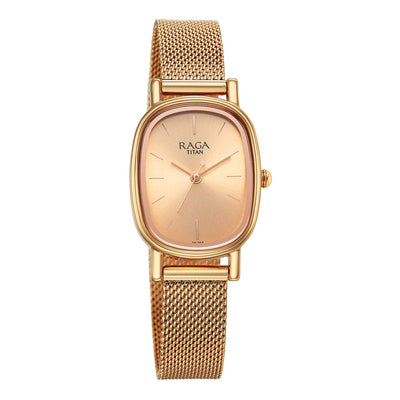 Titan Raga Champagne Rectangle Dial Metal Strap Analog Watch for Women