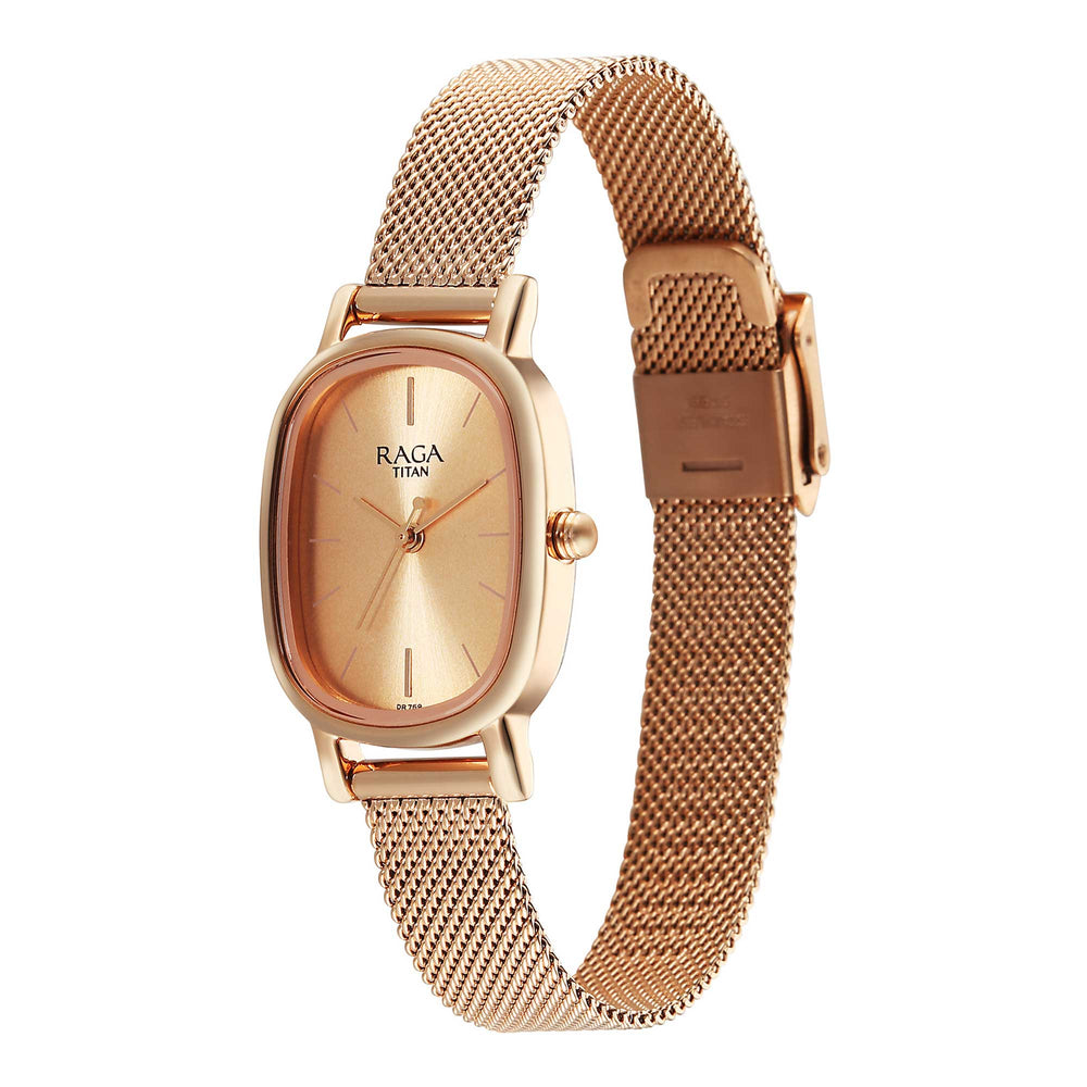 Titan Raga Champagne Rectangle Dial Metal Strap Analog Watch for Women