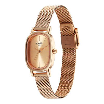 Titan Raga Champagne Rectangle Dial Metal Strap Analog Watch for Women