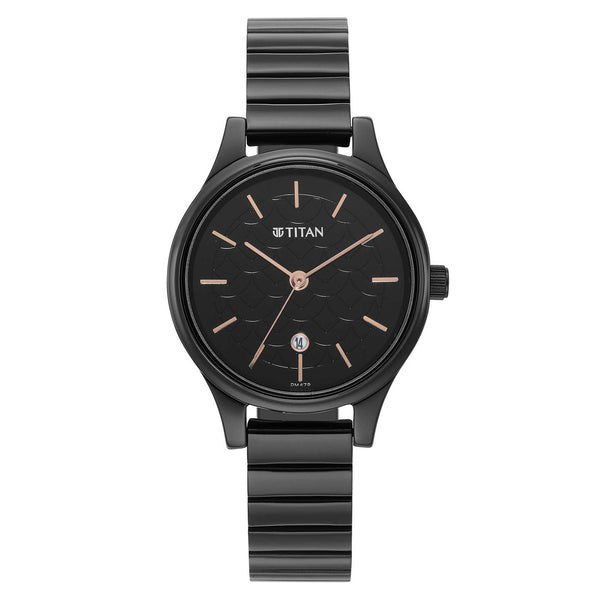 Titan Karishma Quartz Analog Black Round Dial Black Stainless Steel Strap Watch For Women