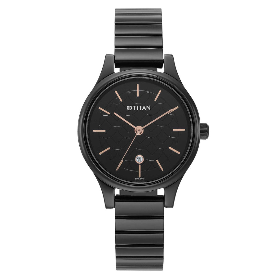 Titan Karishma Quartz Analog Black Round Dial Black Stainless Steel Strap Watch For Women