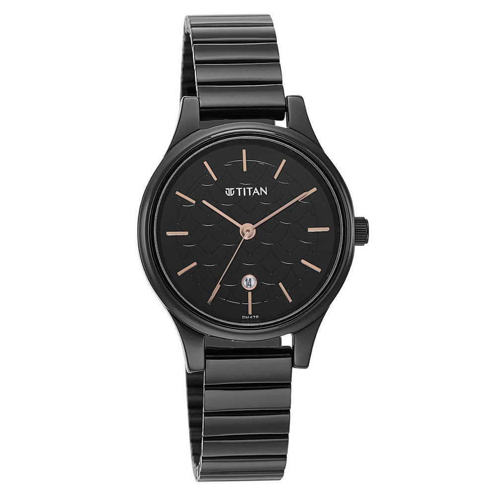Titan Karishma Quartz Analog Black Round Dial Black Stainless Steel Strap Watch For Women