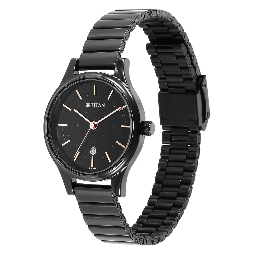 Titan Karishma Quartz Analog Black Round Dial Black Stainless Steel Strap Watch For Women