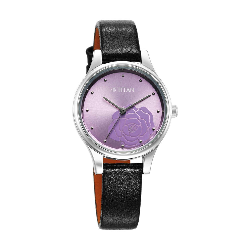 Titan Purple Dial Black Leather Strap Analog Watch for Women