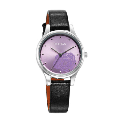 Titan Purple Dial Black Leather Strap Analog Watch for Women