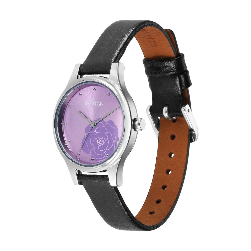 Titan Purple Dial Black Leather Strap Analog Watch for Women