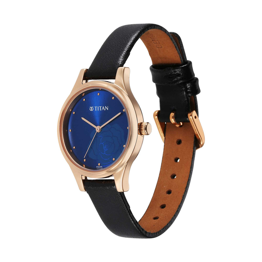 Titan Blue Dial Black Leather Strap Analog Watch for Women