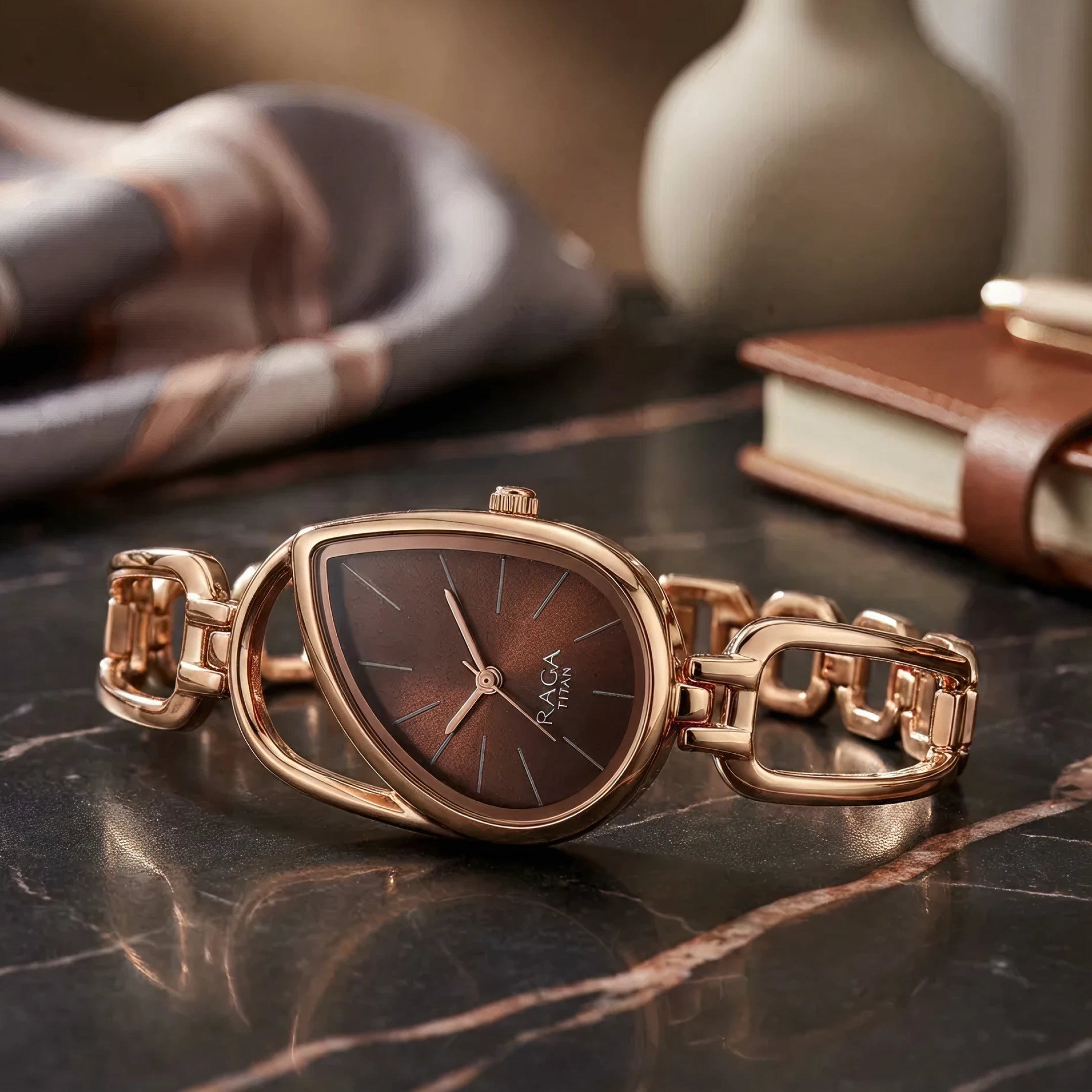 Titan Raga Chic Brown Special Dial Rose Gold Metal Strap Analog Watch for Women