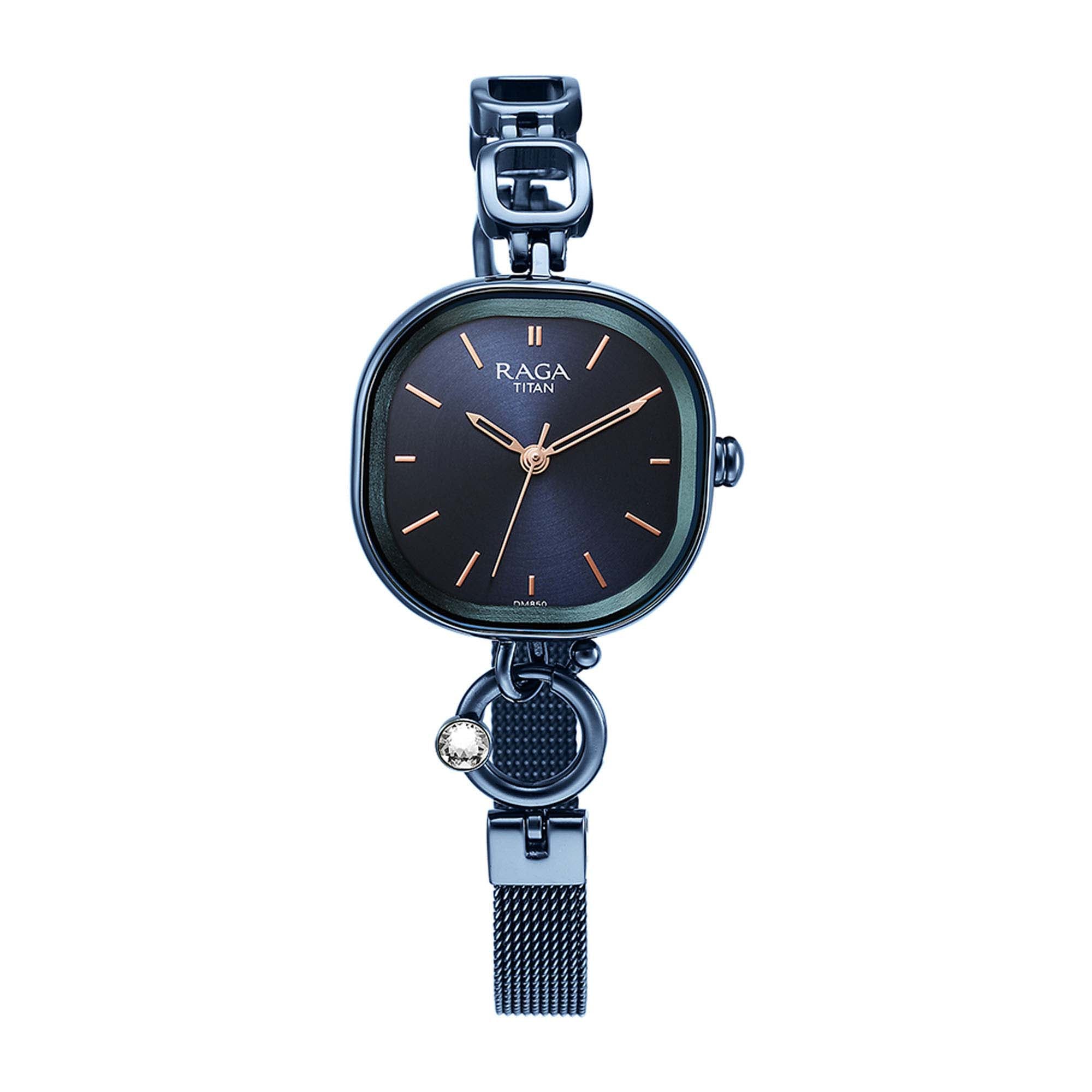 Titan Raga Blue Rectangular Dial Metal Strap Analog Watch for Women