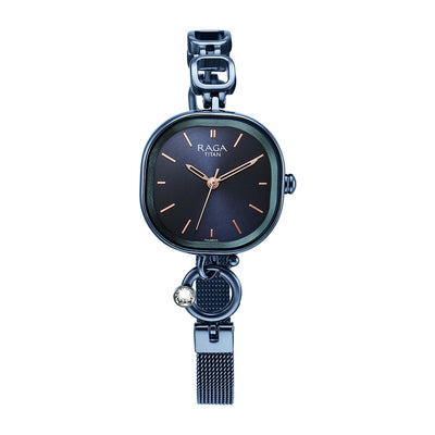Titan Raga Blue Rectangular Dial Metal Strap Analog Watch for Women