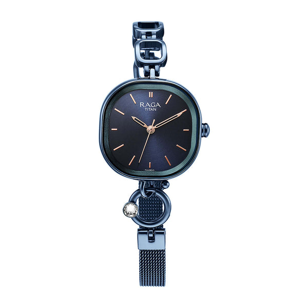 Titan Raga Blue Rectangular Dial Metal Strap Analog Watch for Women