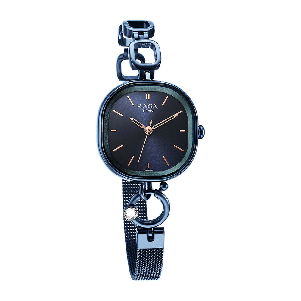 Titan Raga Blue Rectangular Dial Metal Strap Analog Watch for Women