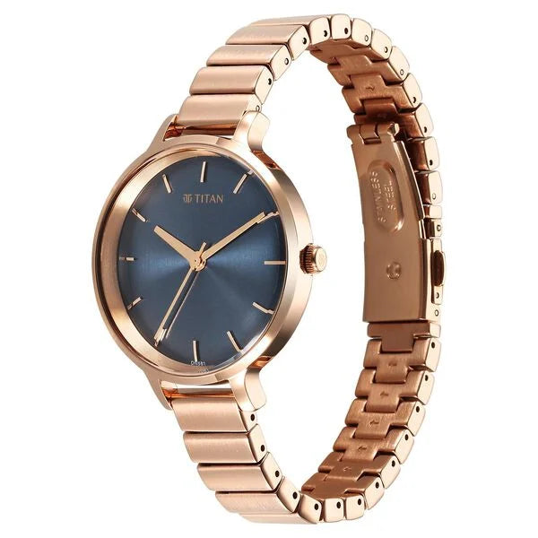 Titan Quartz Analog Blue Dial Metal Strap Watch For Women
