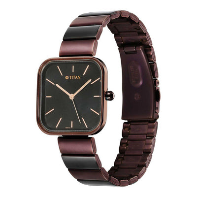 Titan Black Square Dial Two Toned Stainless Steel Strap Analog Quartz Watch for Women