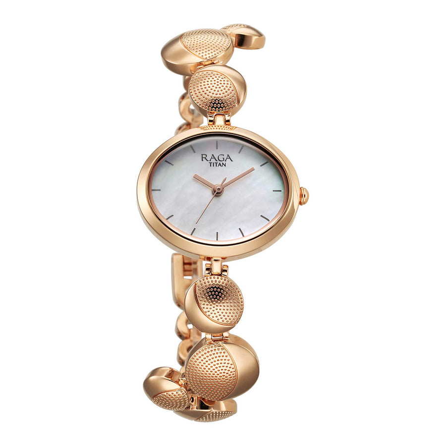 Titan Raga Power Pearls Quartz Analog Mother Of Pearl Dial Metal Strap Watch for Women