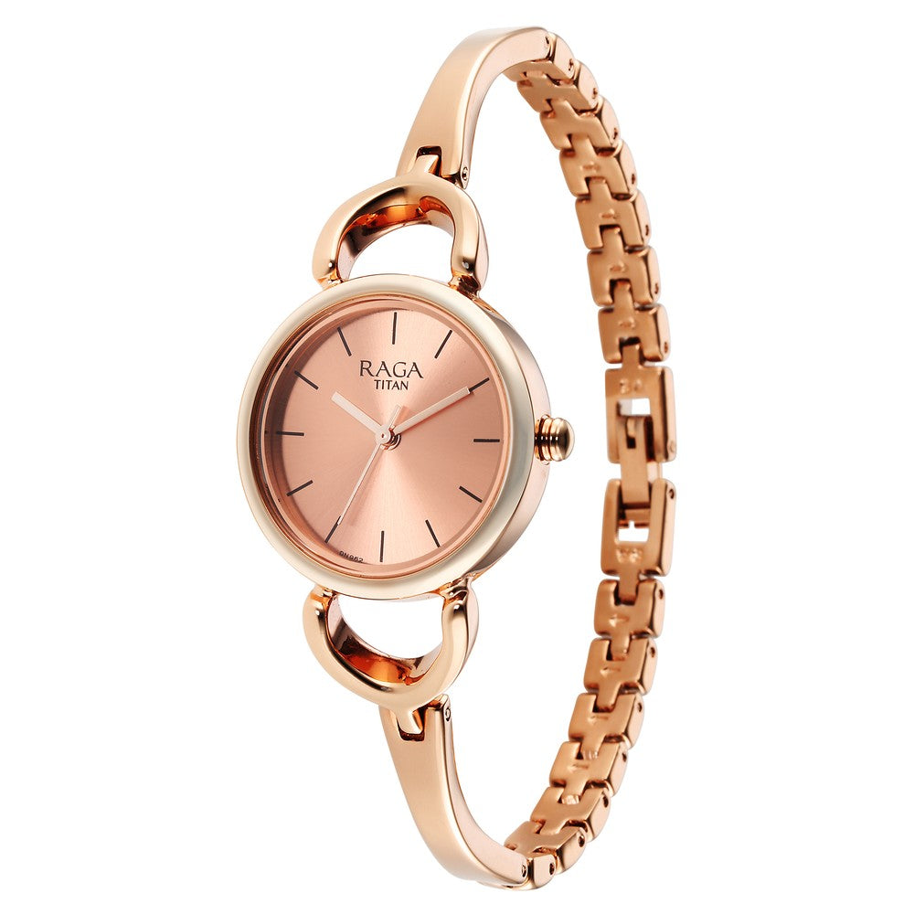 Titan Raga Quartz Analog Rose Gold Round Shaped Dial Rose Gold Metal Strap Watch For Women