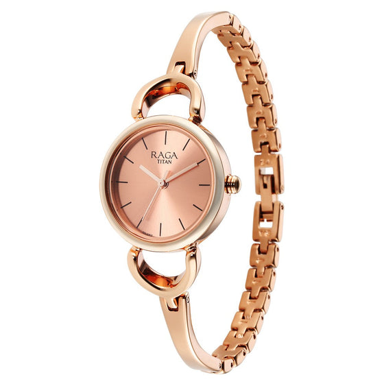 Titan Raga Quartz Analog Rose Gold Round Shaped Dial Rose Gold Metal Strap Watch For Women