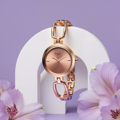 Titan Raga Quartz Analog Rose Gold Round Dial Rose Gold Metal Strap Watch For Women