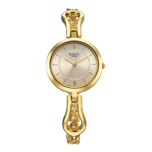 Titan Raga Champagne Dial Gold Metal Strap Analog Watch for Women