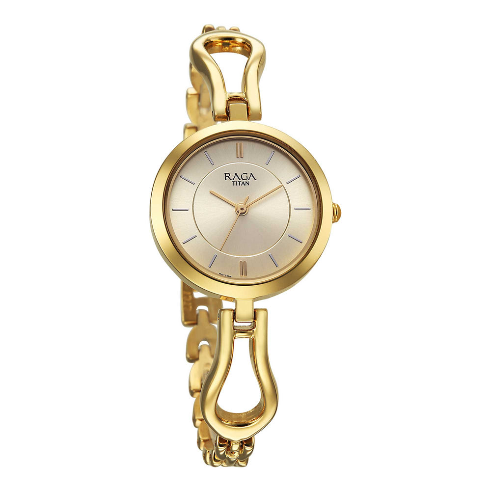 Titan Raga Champagne Dial Gold Metal Strap Analog Watch for Women