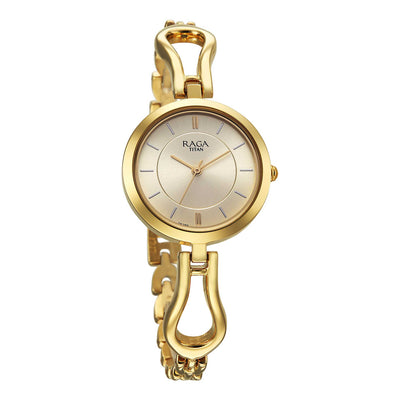 Titan Raga Champagne Dial Gold Metal Strap Analog Watch for Women