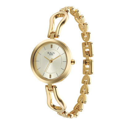 Titan Raga Champagne Dial Gold Metal Strap Analog Watch for Women