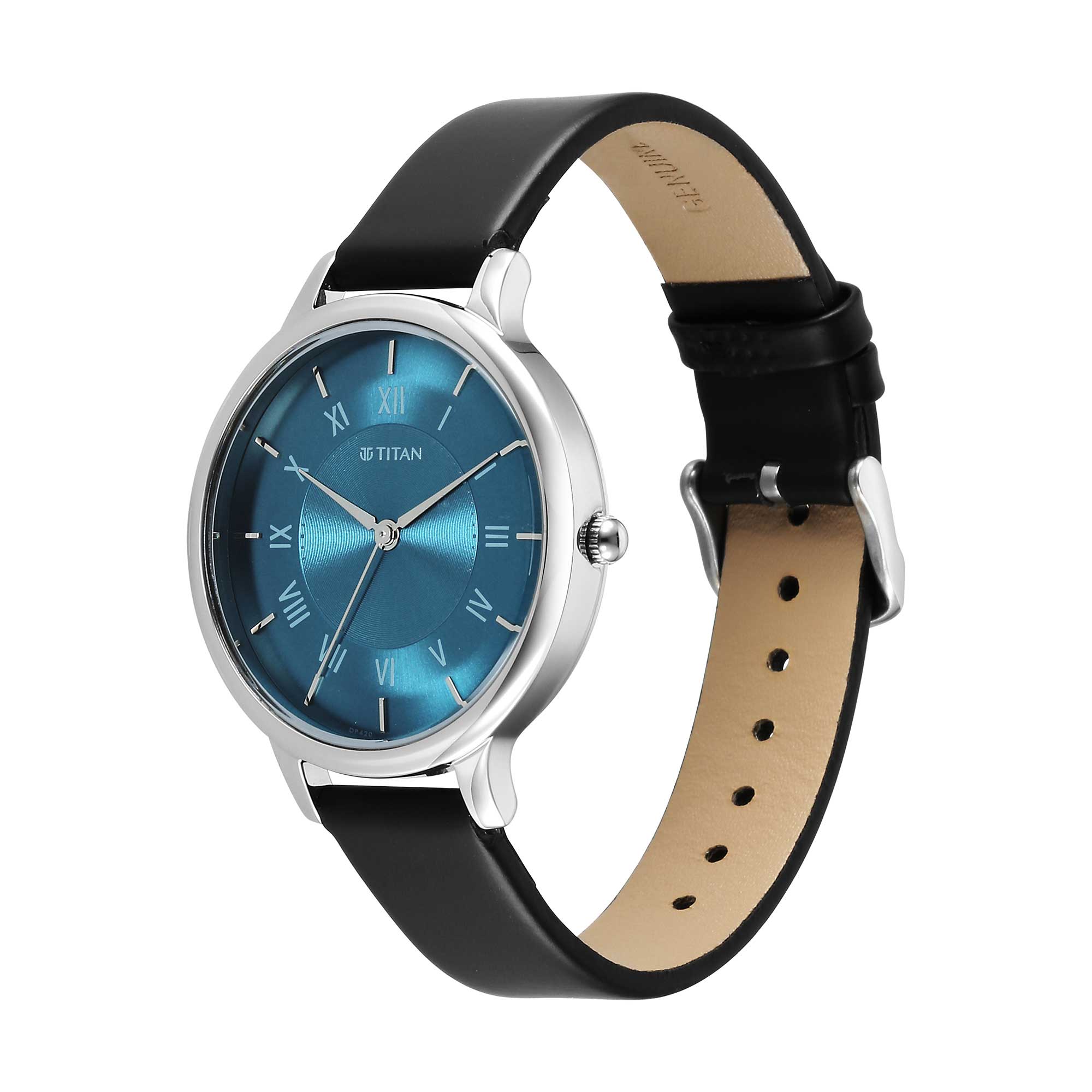Titan Workwear Blue Dial Black Leather Strap Analog Watch for Women