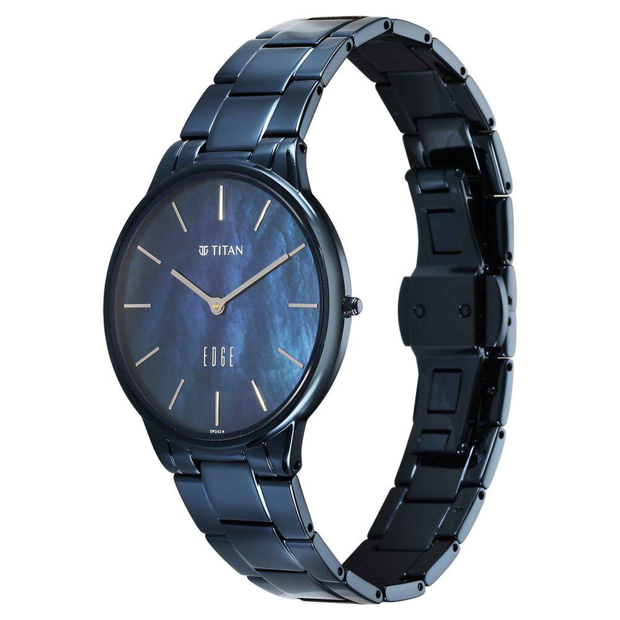 Titan Edge Mother Of Pearl Dial Blue Stainless Steel Strap Analog Watch for Women