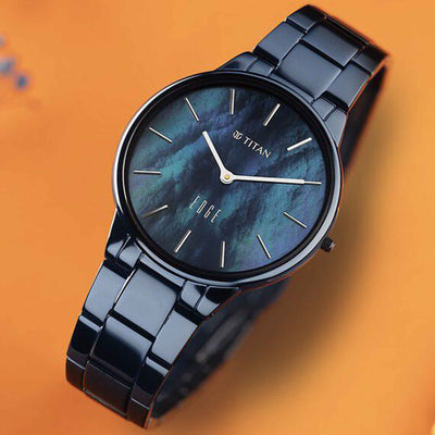 Titan Edge Mother Of Pearl Dial Blue Stainless Steel Strap Analog Watch for Women