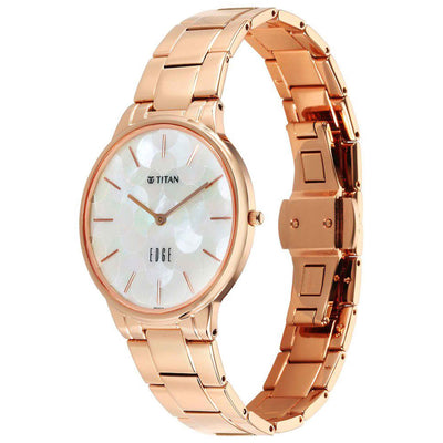 Titan Edge Mother Of Pearl Dial Rose Gold Stainless Steel Strap Analog Watch for Women