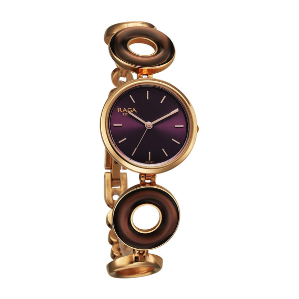 Titan Raga Purple Dial Rose Gold Metal Strap Analog Watch For Women