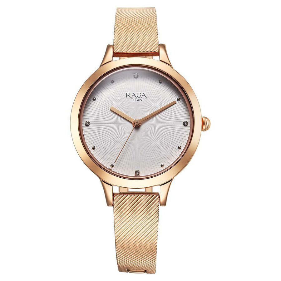 Titan Raga Memoirs Quartz Analog White Dial With Rose Gold Color Metal Strap Watch For Women