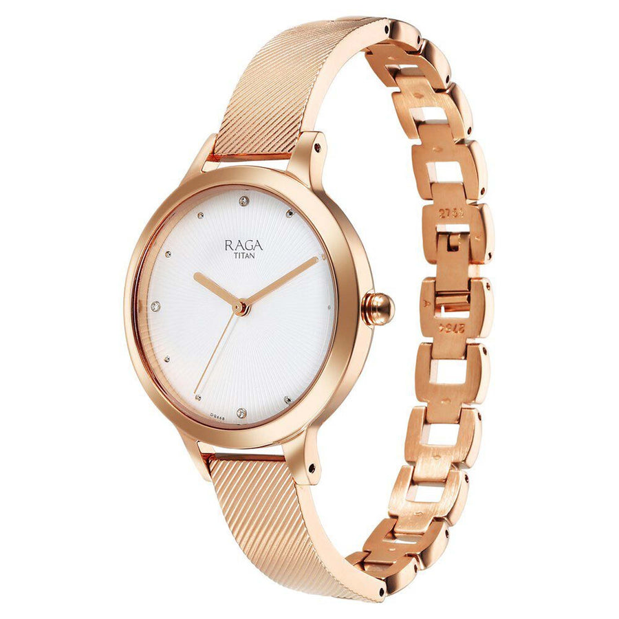 Titan Raga Memoirs Quartz Analog White Dial With Rose Gold Color Metal Strap Watch For Women