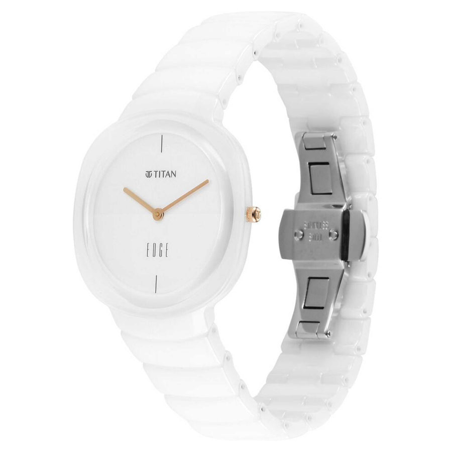Titan Edge Squircle Quartz Analog White Dial Ceramic Strap Watch For Women
