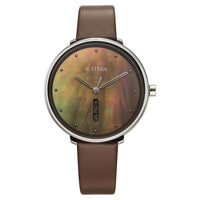 Titan Mother Of Pearl Dial Brown Leather Strap Analog with Day and Date Watch for Women