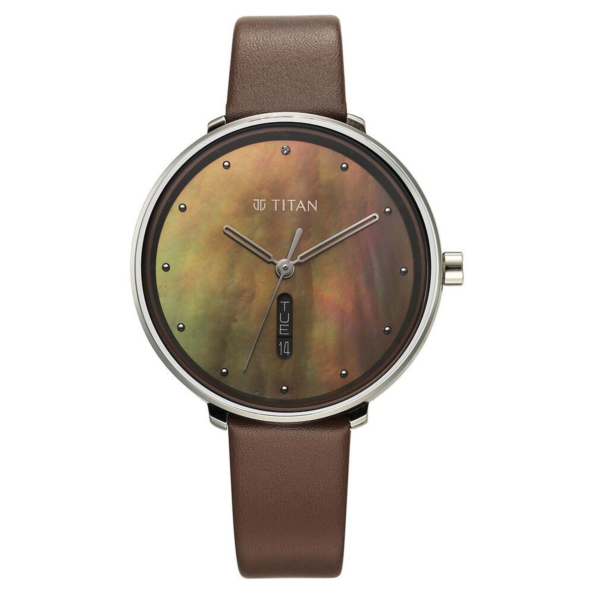 Titan Mother Of Pearl Dial Brown Leather Strap Analog with Day and Date Watch for Women