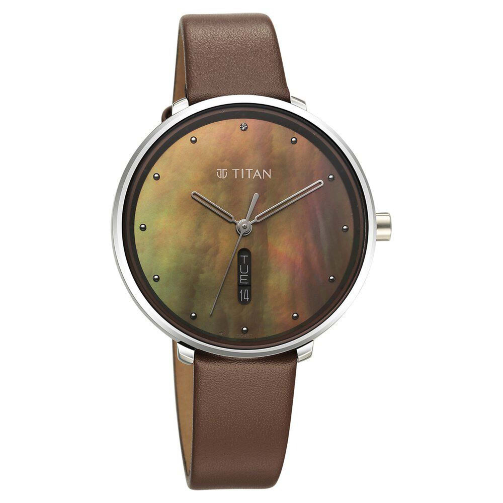 Titan Mother Of Pearl Dial Brown Leather Strap Analog with Day and Date Watch for Women