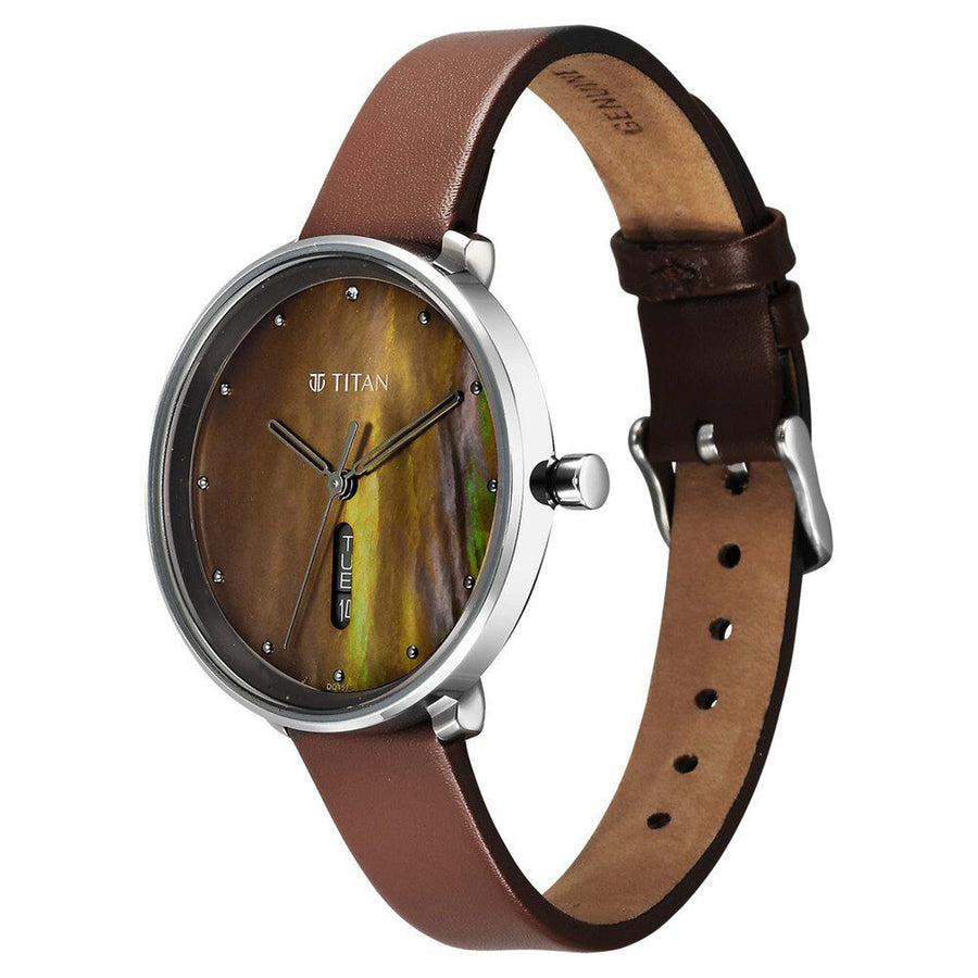 Titan Mother Of Pearl Dial Brown Leather Strap Analog with Day and Date Watch for Women