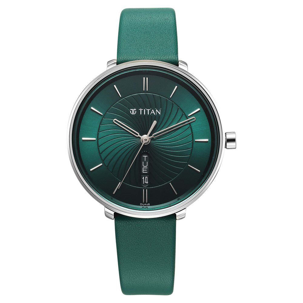 Titan Green Dial Leather Strap Analog with Day and Date Watch for Women