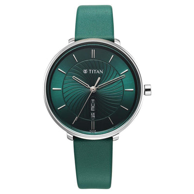 Titan Green Dial Leather Strap Analog with Day and Date Watch for Women