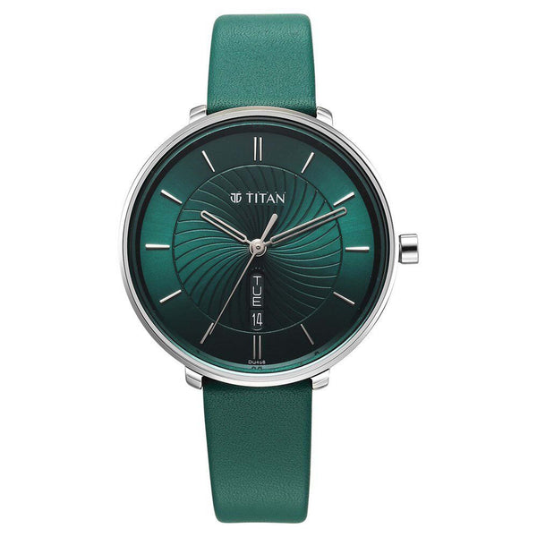 Titan Green Dial Leather Strap Analog with Day and Date Watch for Women