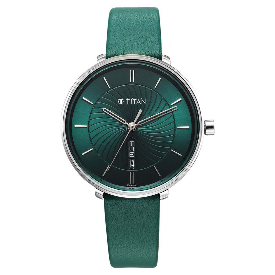 Titan Green Dial Leather Strap Analog with Day and Date Watch for Women